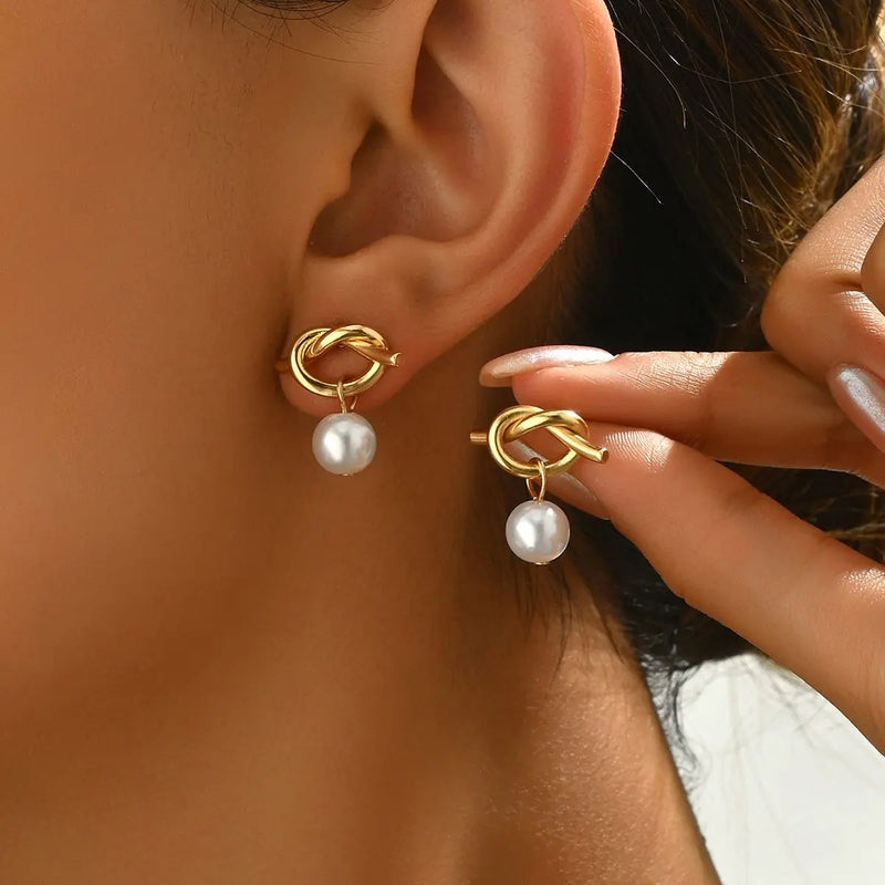 Elegant Gold Knot Pearl Drop Earrings – Classic and  Comfortable Studs for a Sophisticated Look Doba