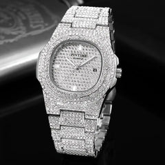 Luxury Mens/Womens Unisex Crystal Watch Bling Iced-Out, Watch Oblong Silver/Gold Wristwatch, Fashion Rhinestones Quartz, Analog Watch With Stainless Steel Bracelet Doba