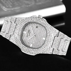 Luxury Mens/Womens Unisex Crystal Watch Bling Iced-Out, Watch Oblong Silver/Gold Wristwatch, Fashion Rhinestones Quartz, Analog Watch With Stainless Steel Bracelet Doba