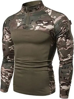 Men's Casual Camouflage T-Shirts Splicing Craft Slim Fit Shirts ,Zipper Neckline Long Sleeve T-Shirts Doba