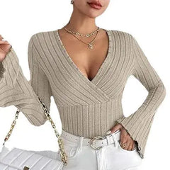 Ribbed V-Neck Slim-Fit Long Sleeve Top ZENDROP