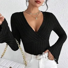 Ribbed V-Neck Slim-Fit Long Sleeve Top ZENDROP