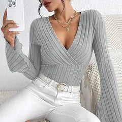 Ribbed V-Neck Slim-Fit Long Sleeve Top ZENDROP