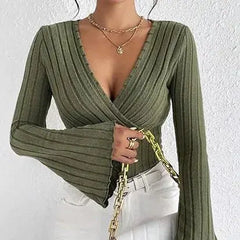 Ribbed V-Neck Slim-Fit Long Sleeve Top ZENDROP