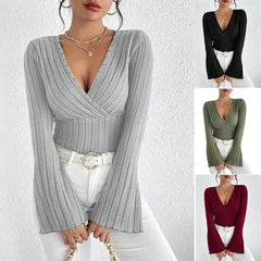 Ribbed V-Neck Slim-Fit Long Sleeve Top ZENDROP