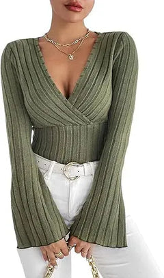 Ribbed V-Neck Slim-Fit Long Sleeve Top ZENDROP