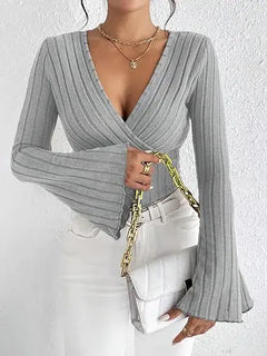 Ribbed V-Neck Slim-Fit Long Sleeve Top ZENDROP