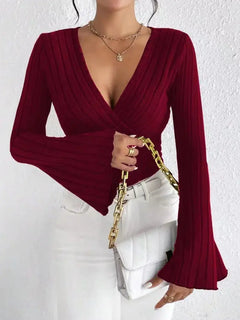 Ribbed V-Neck Slim-Fit Long Sleeve Top ZENDROP