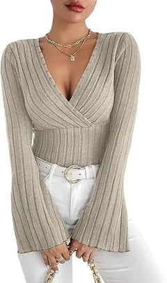 Ribbed V-Neck Slim-Fit Long Sleeve Top ZENDROP