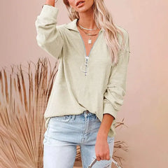 Solid V-Neck Spring Elegant Pullover Autumnm Lady Clothes ,Fashion, Loose Shirts Tops Doba