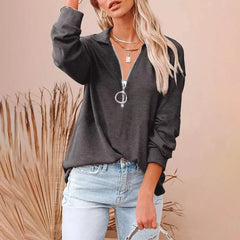 Solid V-Neck Spring Elegant Pullover Autumnm Lady Clothes ,Fashion, Loose Shirts Tops Doba