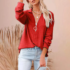 Solid V-Neck Spring Elegant Pullover Autumnm Lady Clothes ,Fashion, Loose Shirts Tops Doba