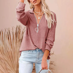 Solid V-Neck Spring Elegant Pullover Autumnm Lady Clothes ,Fashion, Loose Shirts Tops Doba