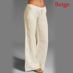 Women's Cotton Linen Wide Leg Pants Solid Casual Elastic Waist Long Trousers Doba