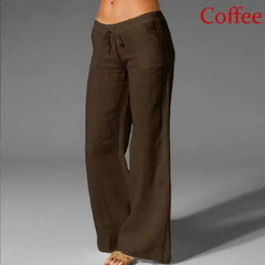 Women's Cotton Linen Wide Leg Pants Solid Casual Elastic Waist Long Trousers Doba