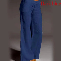 Women's Cotton Linen Wide Leg Pants Solid Casual Elastic Waist Long Trousers Doba