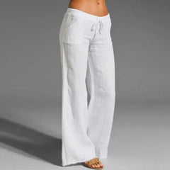 Women's Cotton Linen Wide Leg Pants Solid Casual Elastic Waist Long Trousers Doba