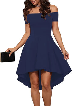 Womens Off The Shoulder Short Sleeve High Low Cocktail Skater Dress - Buyers Bargain Club